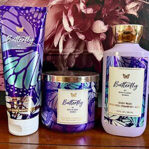 NEW 3-Pc BUTTERFLY by Bath & Body Works - Body Cream, 3-Wick Candle, & Body Wash
